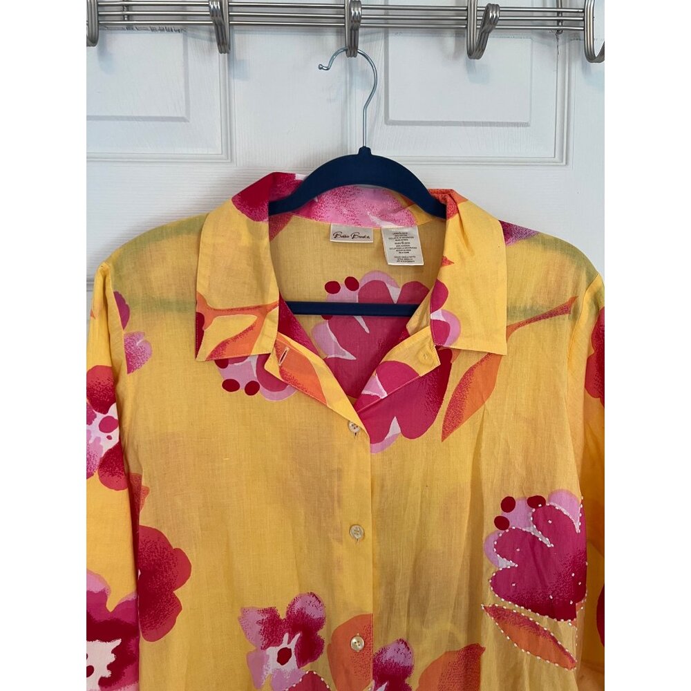 Bobbie Brooks Yellow And Red Floral Button Down Shirt Size Large - Picture 2 of 8
